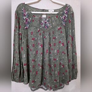 Mason & Belle Floral Embroidered Green Blouse